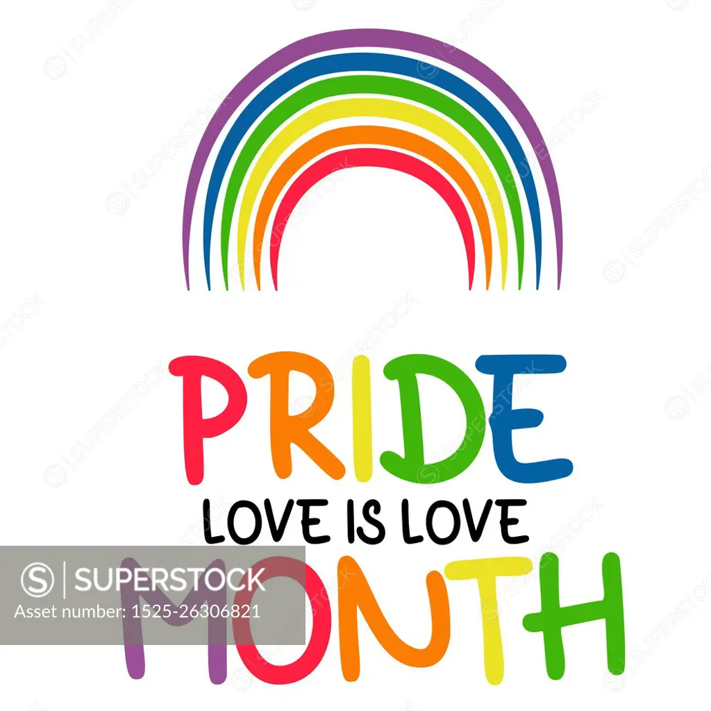 LGBT Pride Month. love is love. LGBTQ Symbol Rainbow with LGBT pride. Flag or Rainbow colors. Vector illustration. Gay Pride Month, groovy celebration. Flat design signs isolated on white background