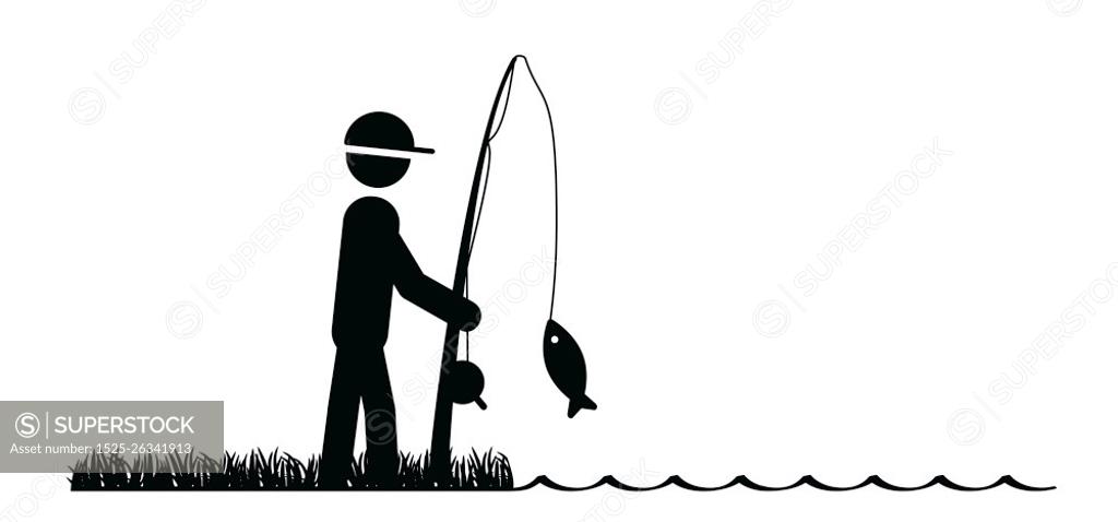 Cartoon drawing stickman, stick figure man with casting rod. fishing