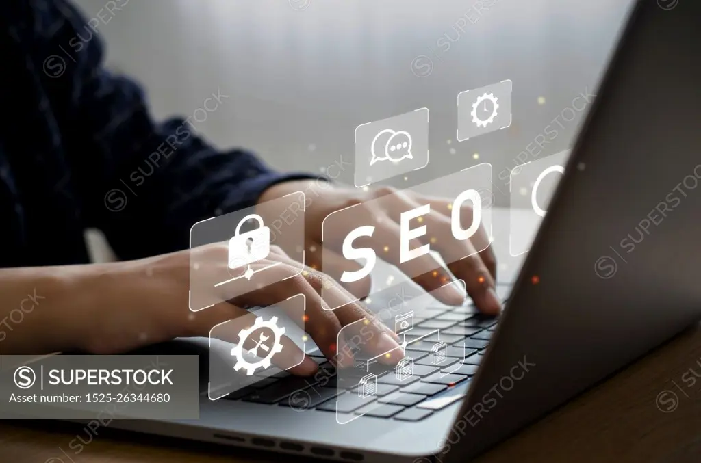 Businessman using computer to manage SEO Document Search Engine Optimization on Search Engine Optimization concept. online business online marketing