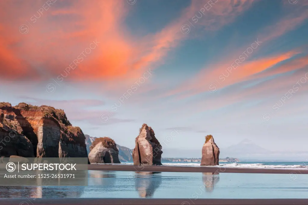 Beautiful landscapes it the Ocean Beach, New Zealand. Inspiring natural and travel background