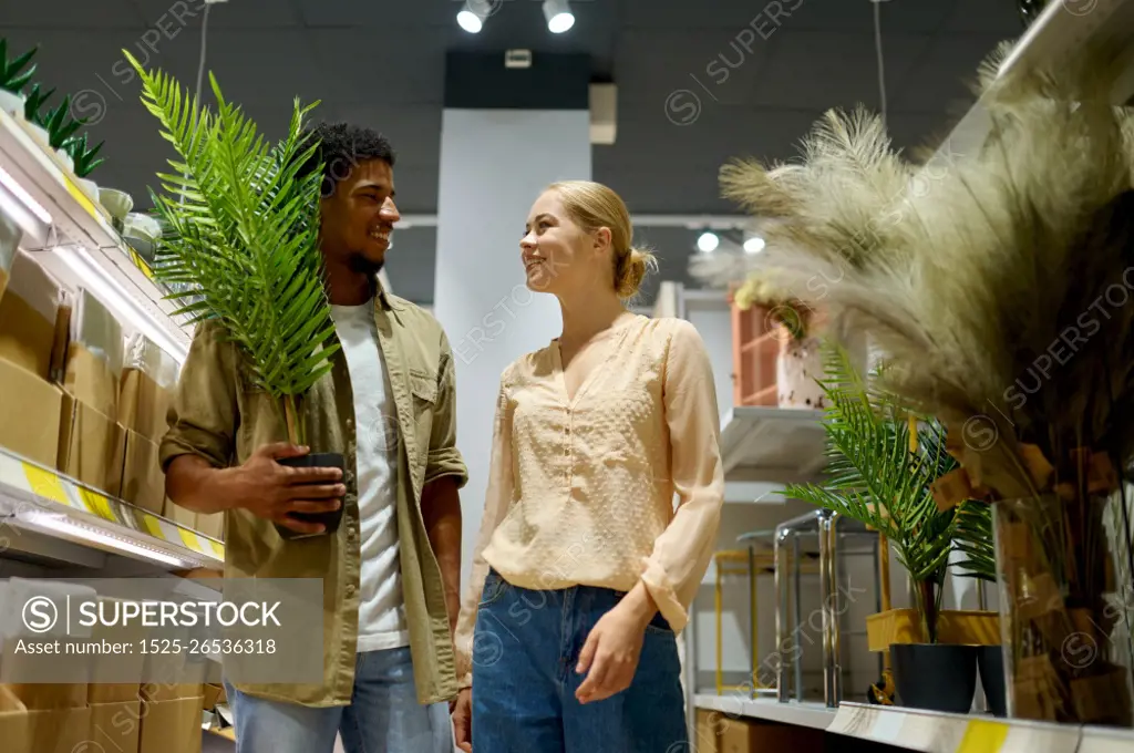 Happy married couple buying decorative palm tree for home interior design in pot at furnishing shop. Happy couple buying decorative potted palm tree