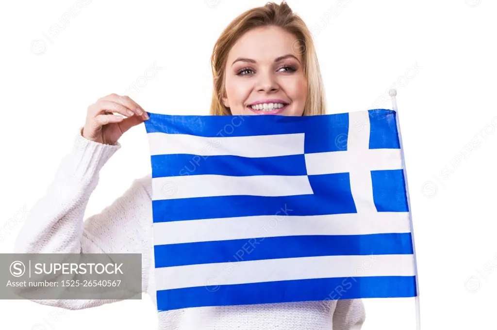 Happy funny woman holding Greece greek national flag being patriotic loving her country.. Happy woman holding Greek national flag