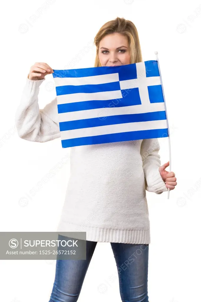 Happy funny woman holding Greece greek national flag being patriotic loving her country.. Happy woman holding Greek national flag