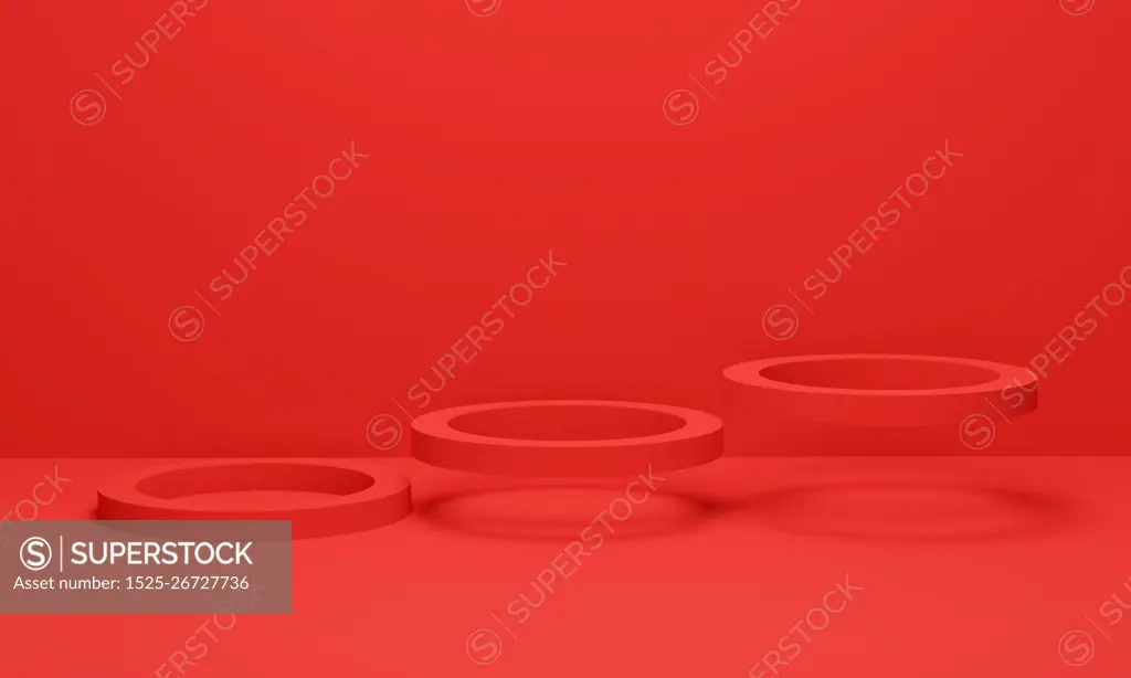 Three circle floating on red background. Abstract minimal scene geometric platform. 3d render illustration.