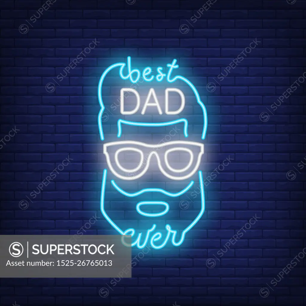 Best Dad Ever neon style icon. Male face and lettering on brick background. Congratulation, greeting card, emblem. Fathers Day concept. For topics like holiday, celebration, web design