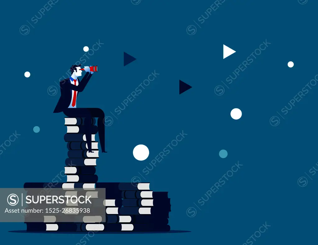 Businessman and search for success. Concept business vector illustration. Sitting on the books.. Businessman and search for success. Concept business vector illustration. Sitting on the books.