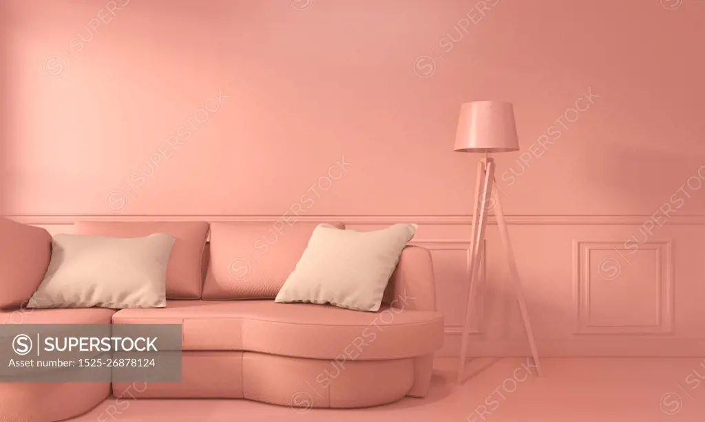 Living coral room inetrior with Sofa and decoration color living coral style.3D rendering