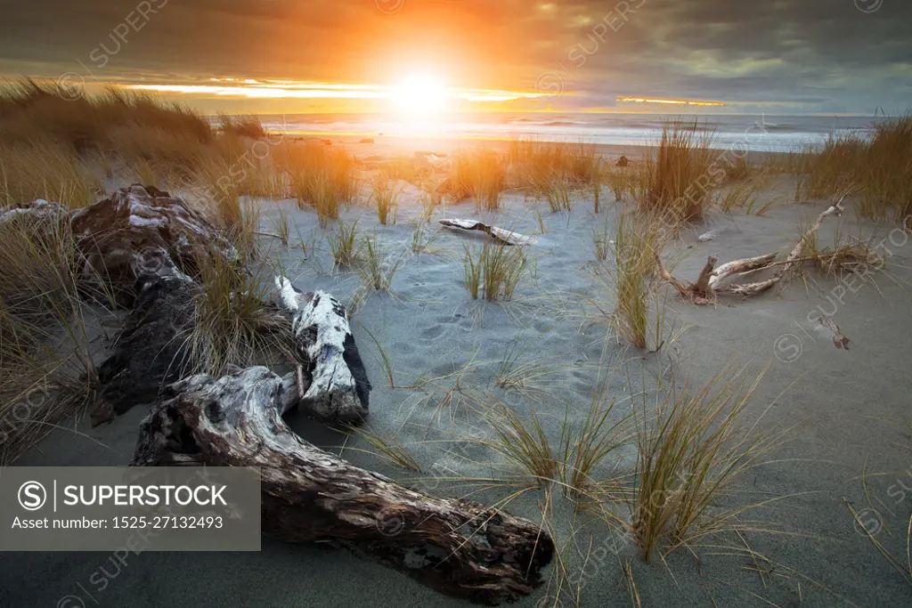 beautiful sunset sky at hokitika sea beach south island new zealand most popular natural traveling destination