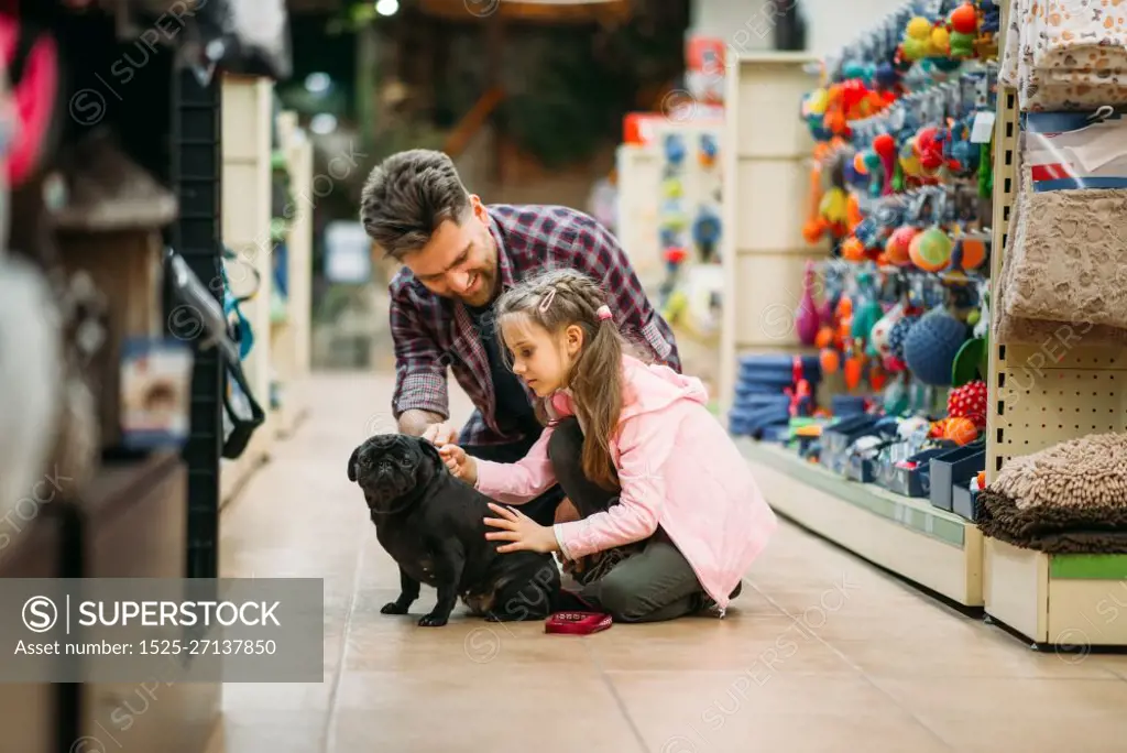 Father and little dauther are plays with puppy in pet shop. Family buying supplies for little dog in petshop. Father and dauther plays with puppy in pet shop