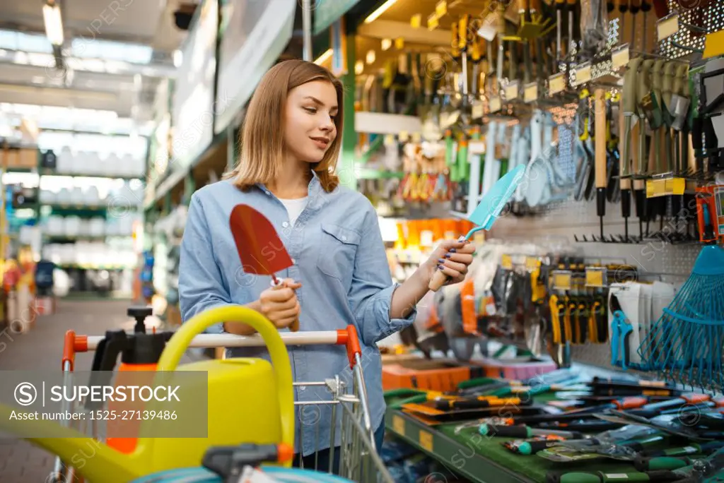 Female consumer choosing garden shovel in shop for gardeners. Woman buying equipment in store for floriculture, florist instrument purchasing. Consumer choosing garden shovel, gardeners shop