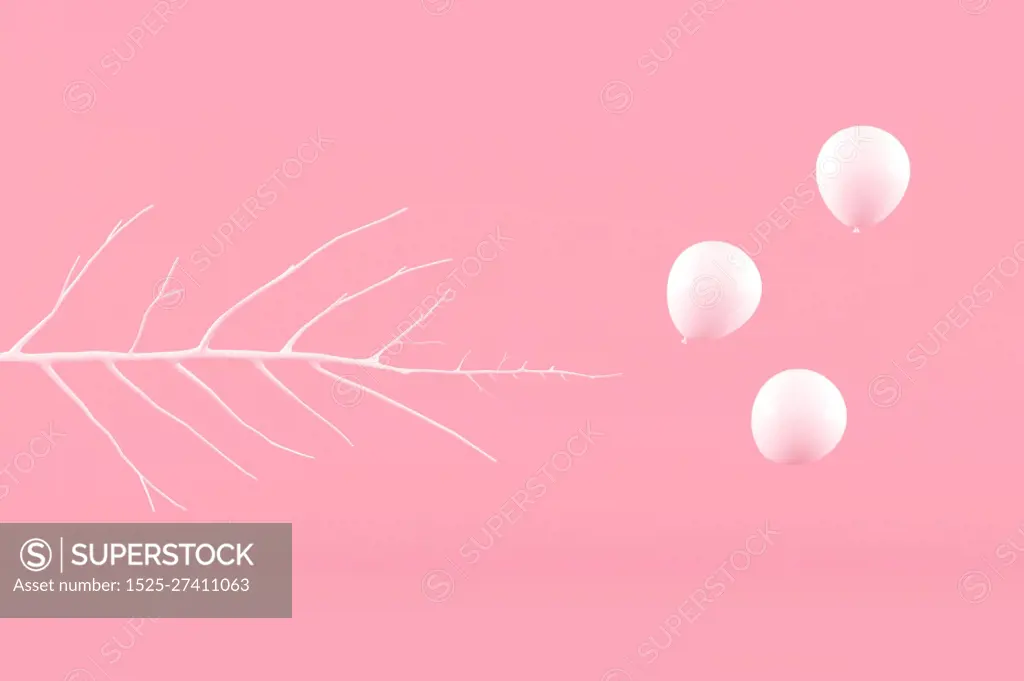 Abstract of minimal composition concept, branch and white balloons on pink background. 3D rendering.