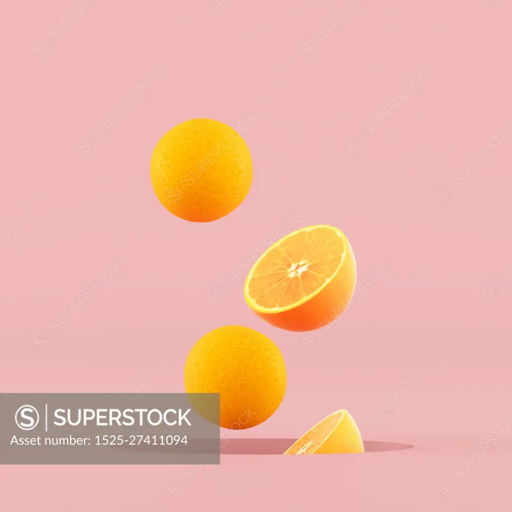 Minimal conceptual idea of sliced oranges floating out from hole on pink background. 3D rendering.