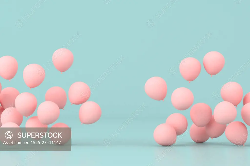 Minimal conceptual idea of floating pink balloons on pastel background. 3D rendering 