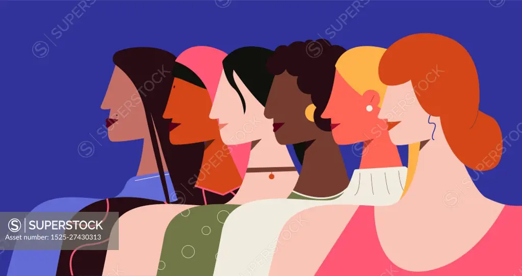Female feminism illustration. Women all nationalities stand with their proud heads speaking out against patriarchy struggle for empowerment, international vector equality flat girls.. Female feminism illustration. Women all nationalities stand with their proud heads speaking out against patriarchy.