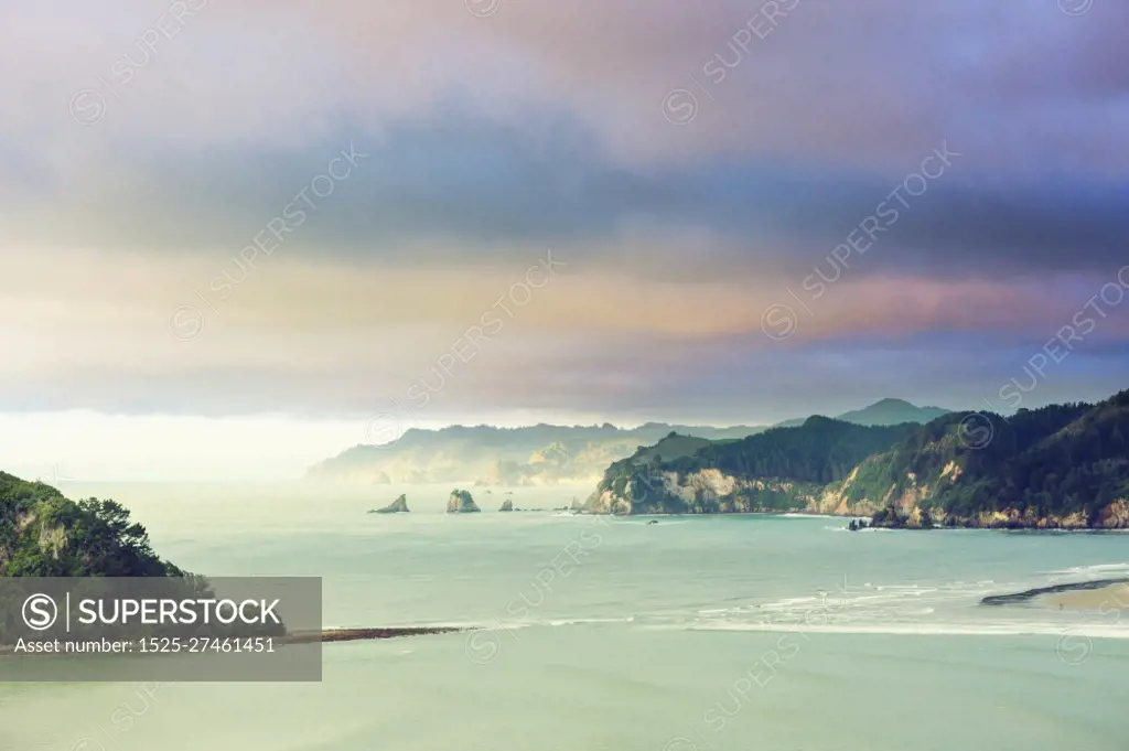 Beautiful landscapes it the Ocean Beach, New Zealand. Inspiring natural and travel background