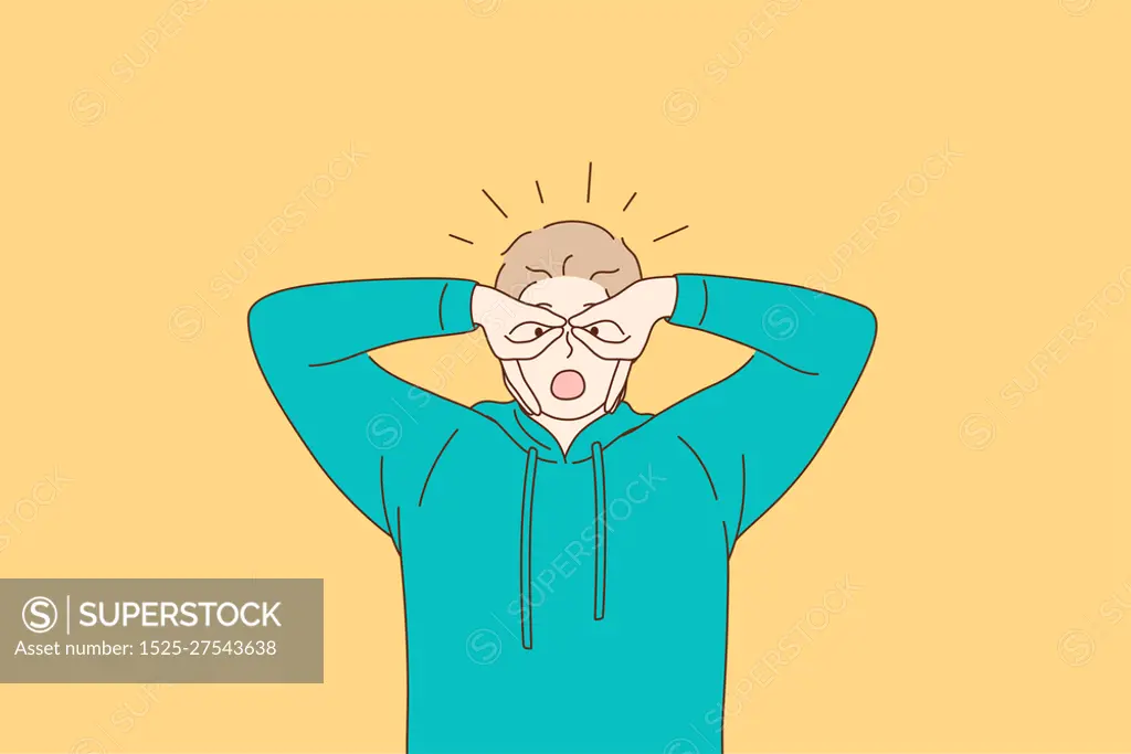 Losing mind, facial expression, weird behaviour concept. Young man in green hoodie feeling crazy covering eyes with fingers as glasses over yellow background vector illustration . Losing mind, facial expression, weird behaviour concept