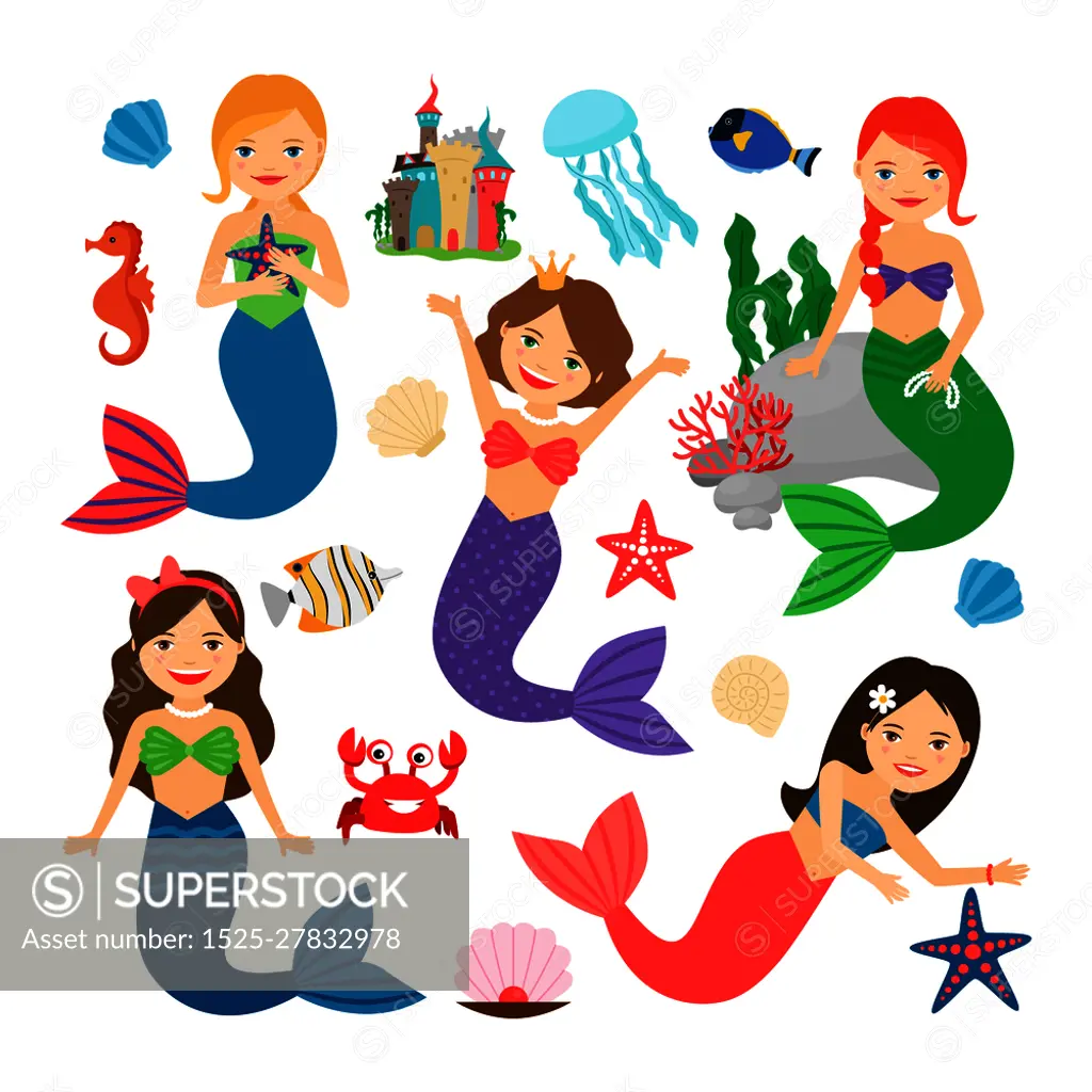 Mermaids characters set. Cute mermaids vector illustration. Cute mermaids characters