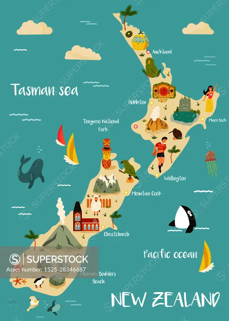 New Zealand illustrated map with famous landmarks, animals, symbols. For prints, tourist posters, travel guides, festivals. New Zealand illustrated map with bright icons