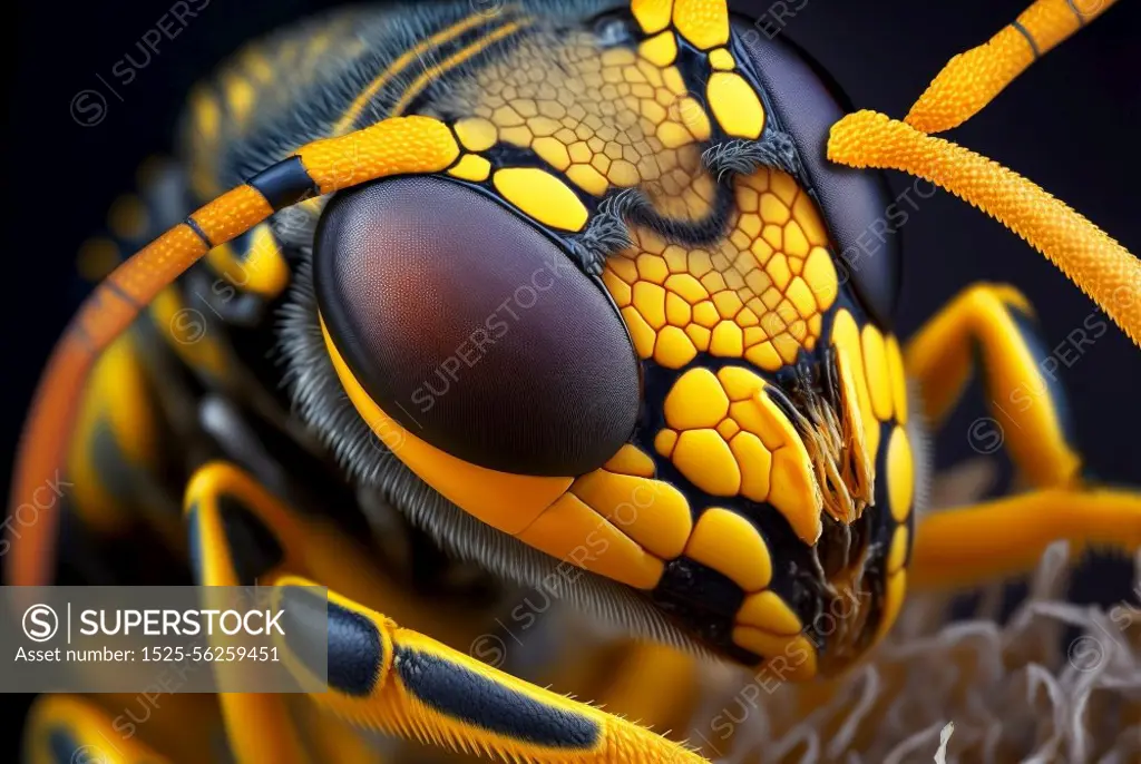 Ultra extreme macro of wasp (Vespula vulgaris) head on black background. Extreme macro of structure and surface of wasp head. Front view of wasp head, extreme closeup. 3D illustration.