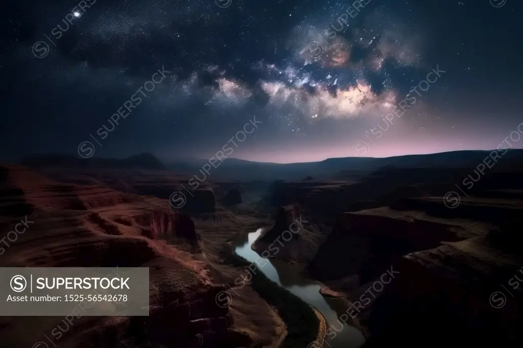 Grand canyon with starry night sky. Rock tourism. Generate Ai. Grand canyon with starry night sky. Generate Ai