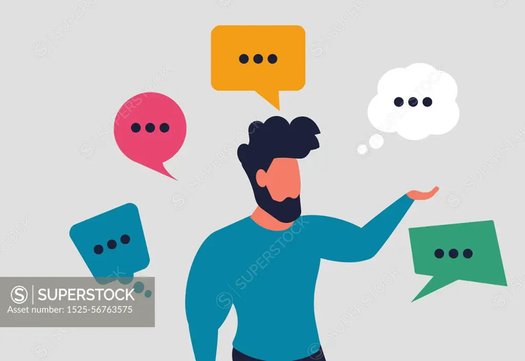 Communication and speaking skills. People verbal skills and people conversations as a communication tool. A young businessman is talking while there are speech bubbles around. Vector illustration