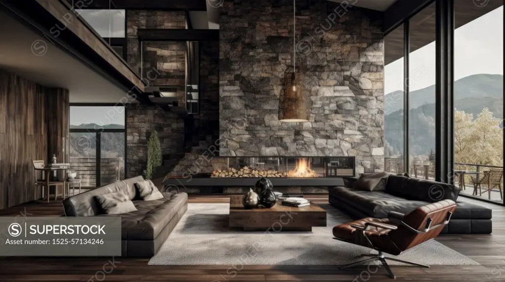 Modern living room furnished in brown color with stone decoration and large windows to nature