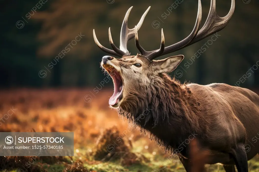 Red deer stag roaring in the forest. Generative AI