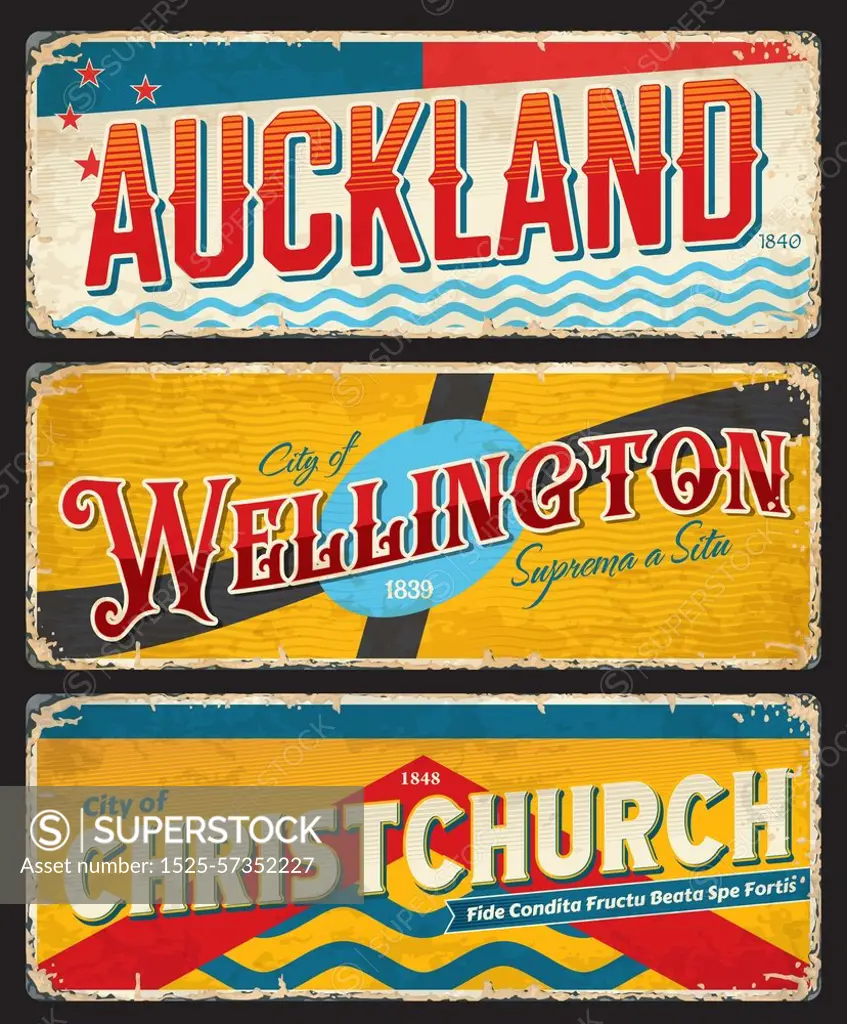 Auckland, Christchurch, Wellington, New Zealand travel stickers, vector vintage plates. New Zealand vacations and journey trip luggage tags and retro tin signs with cities landmarks and emblems. Auckland, Christchurch, Wellington, Zealand travel