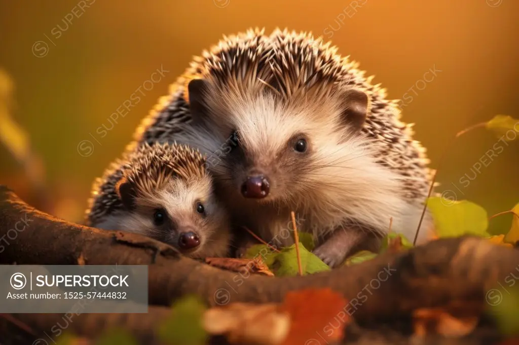 Close up of two wild, native European hedgehogs, one adult and one sleeping baby. Hedgehogs, Scientific name: Erinaceus Europaeus. Hedgehogs, Scientific name: Erinaceus Europaeus. Close up of two wild, native European hedgehogs