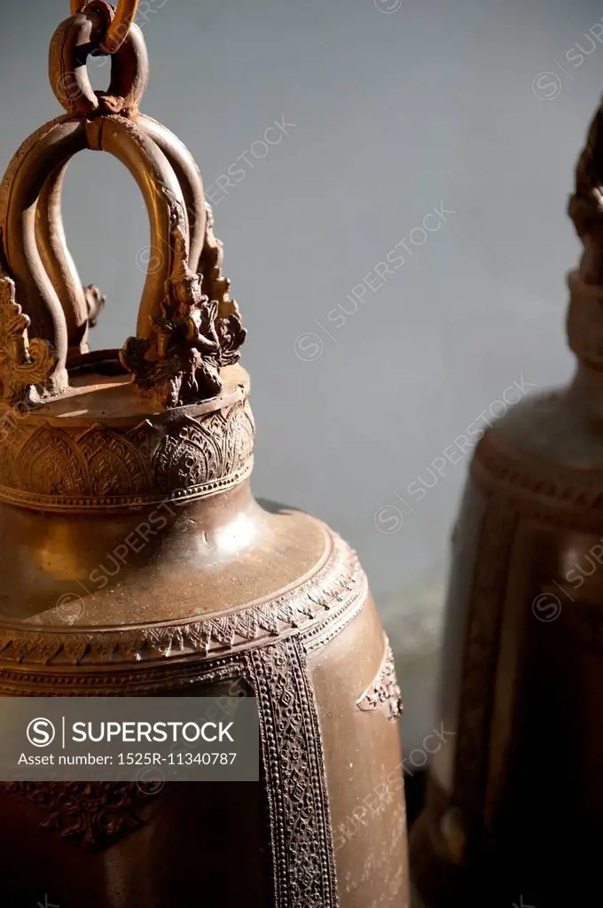 Close-up of bells hanging at Wat Phrathat Doi Suthep, Chiang Mai, Thailand