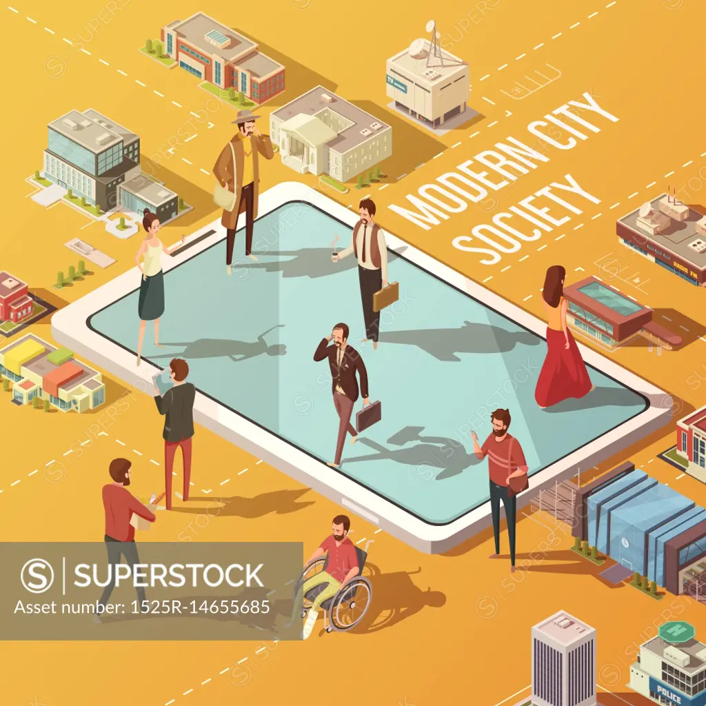 City Society Concept. Modern city society concept with people communicating via internet isometric vector illustration