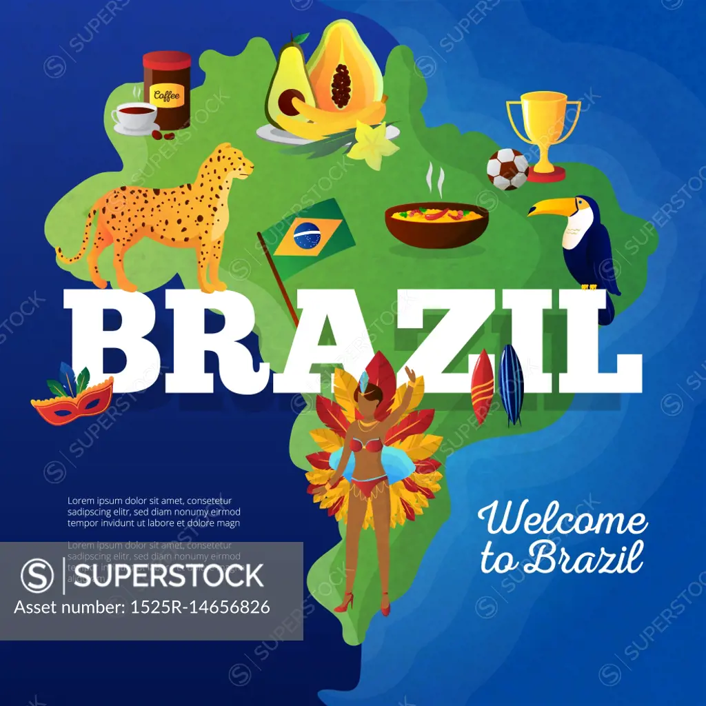 Brazil Travel Map Symbols Flat Poster . Brasil cultural symbols map for travelers flat poster with toucan bird and football cup trophy abstract vector illustration 