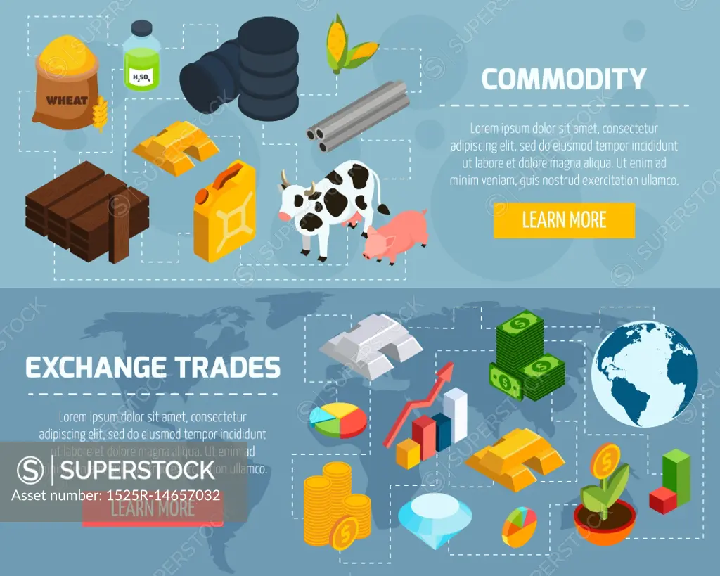 Commodity Horizontal Banners Set . Commodity horizontal banners set with exchange trade symbols isometric isolated vector illustration 