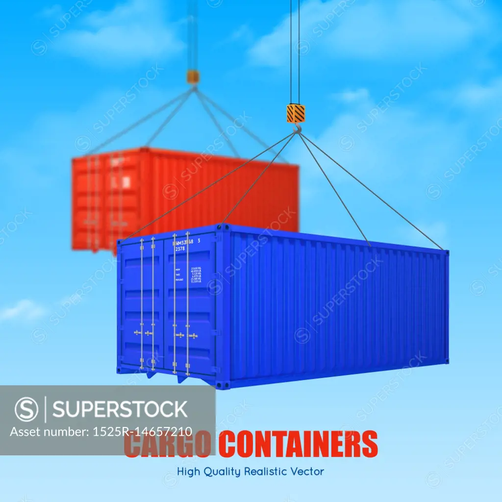 Cargo Container Poster. Advertising poster of blue and red cargo containers picked up by crane hooks realistic vector illustration