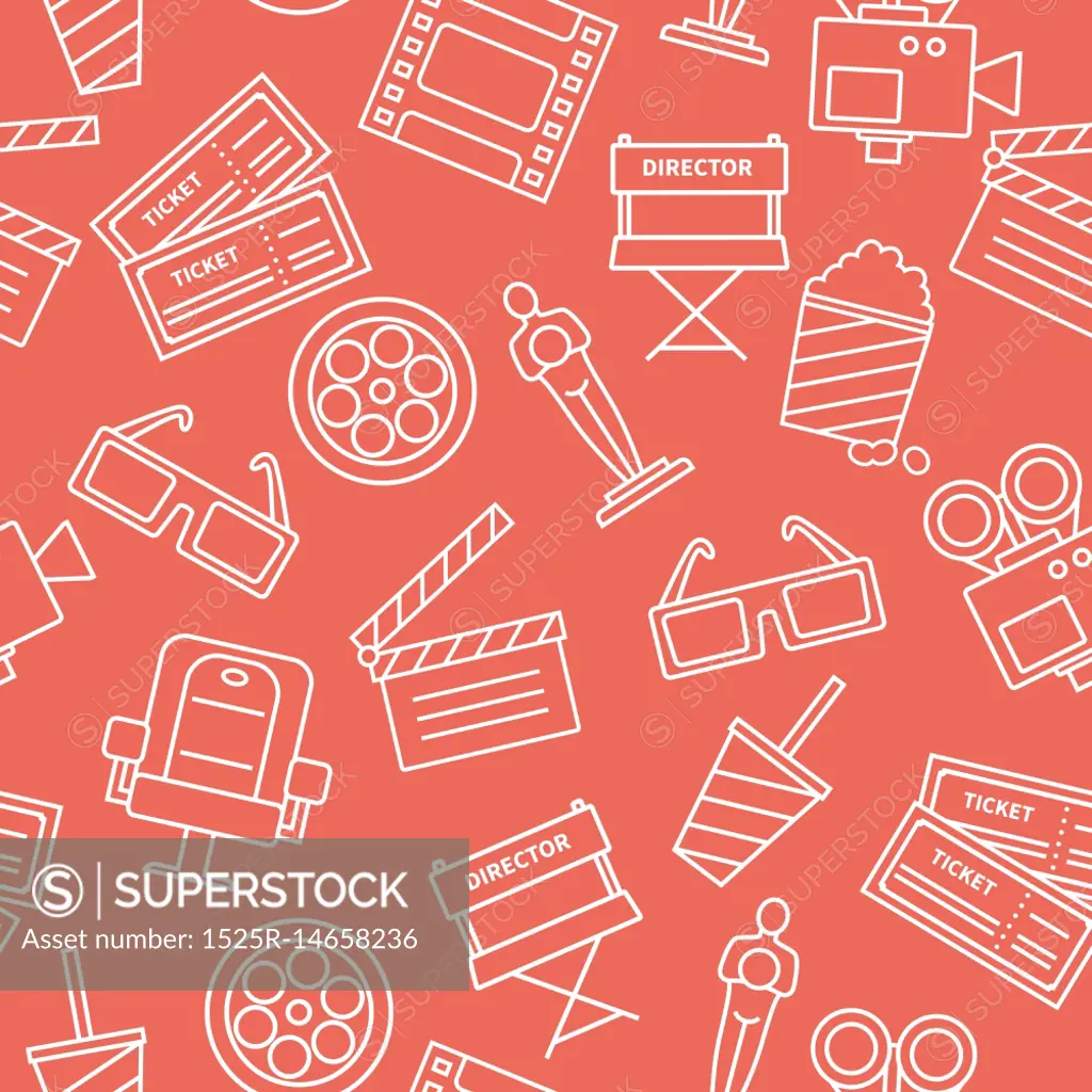 Line Cinema Pattern. White line cinema icons on red background decorative pattern with tickets popcorn flat vector illustration 