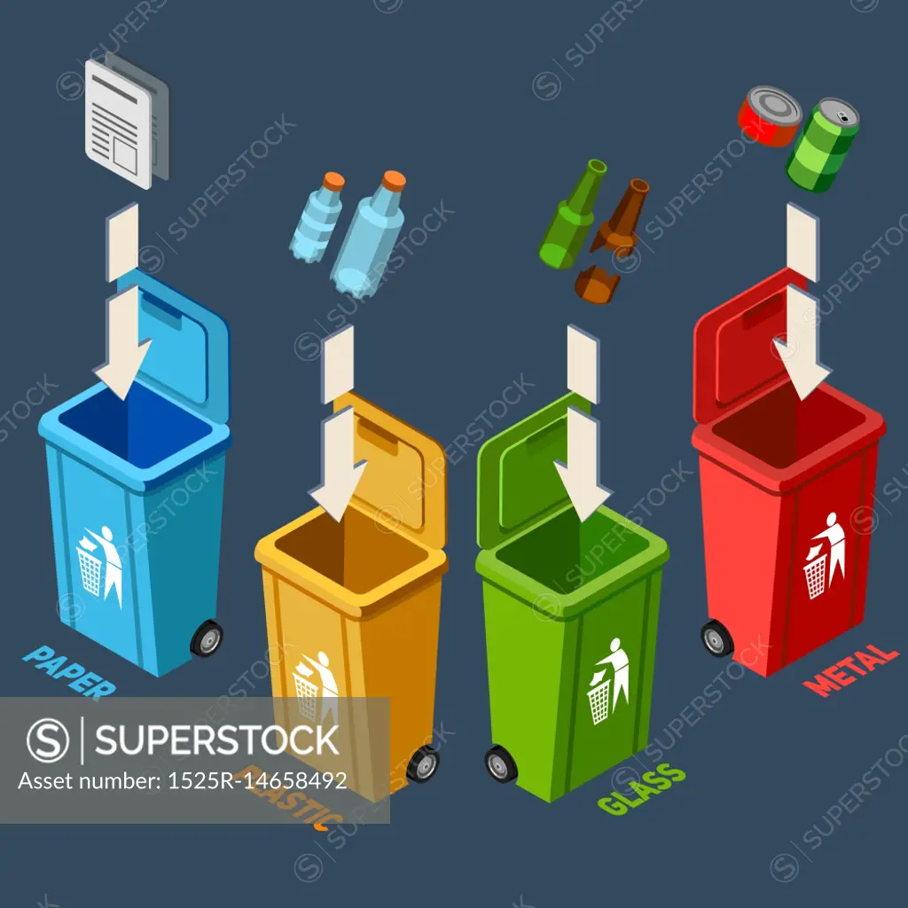 Waste Management Isometric Concept. Waste management isometric concept with different colored recycle bins for garbage separation vector illustration 