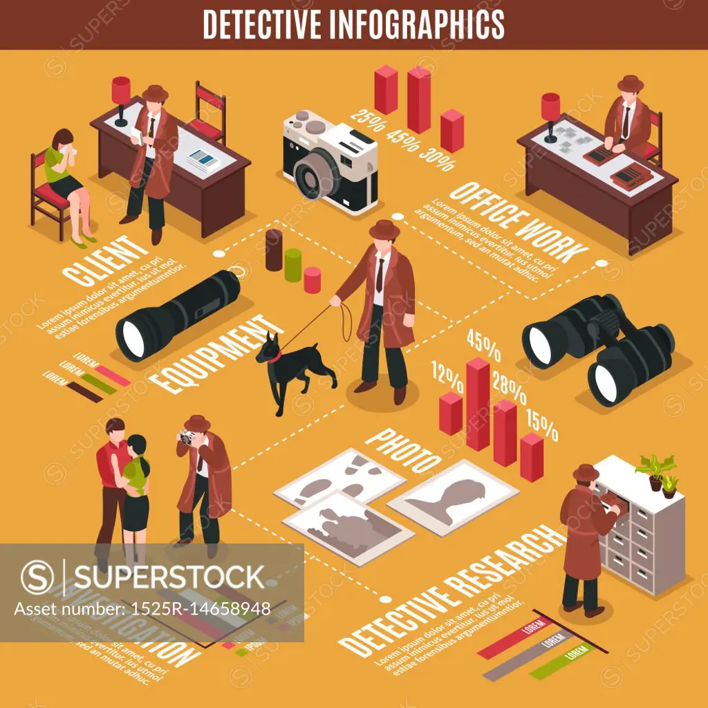 Criminal Investigator Infographic Concept. Isometric detective infographics with plainclothes man character investigating crime with pieces of equipment and polygonal diagrams vector illustration