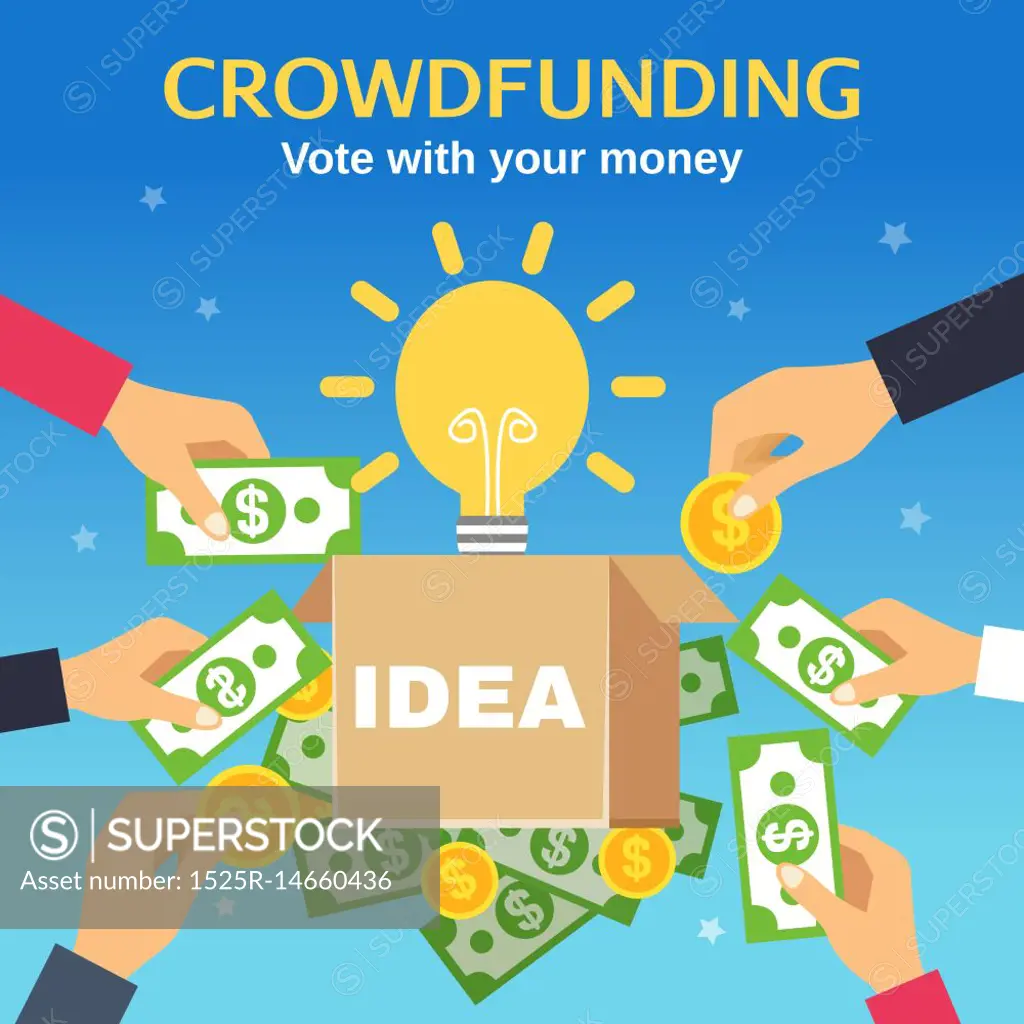 Crowdfunding Vector Illustration. Crowdfunding poster with box for donations light bulb and people hands holding money flat vector illustration