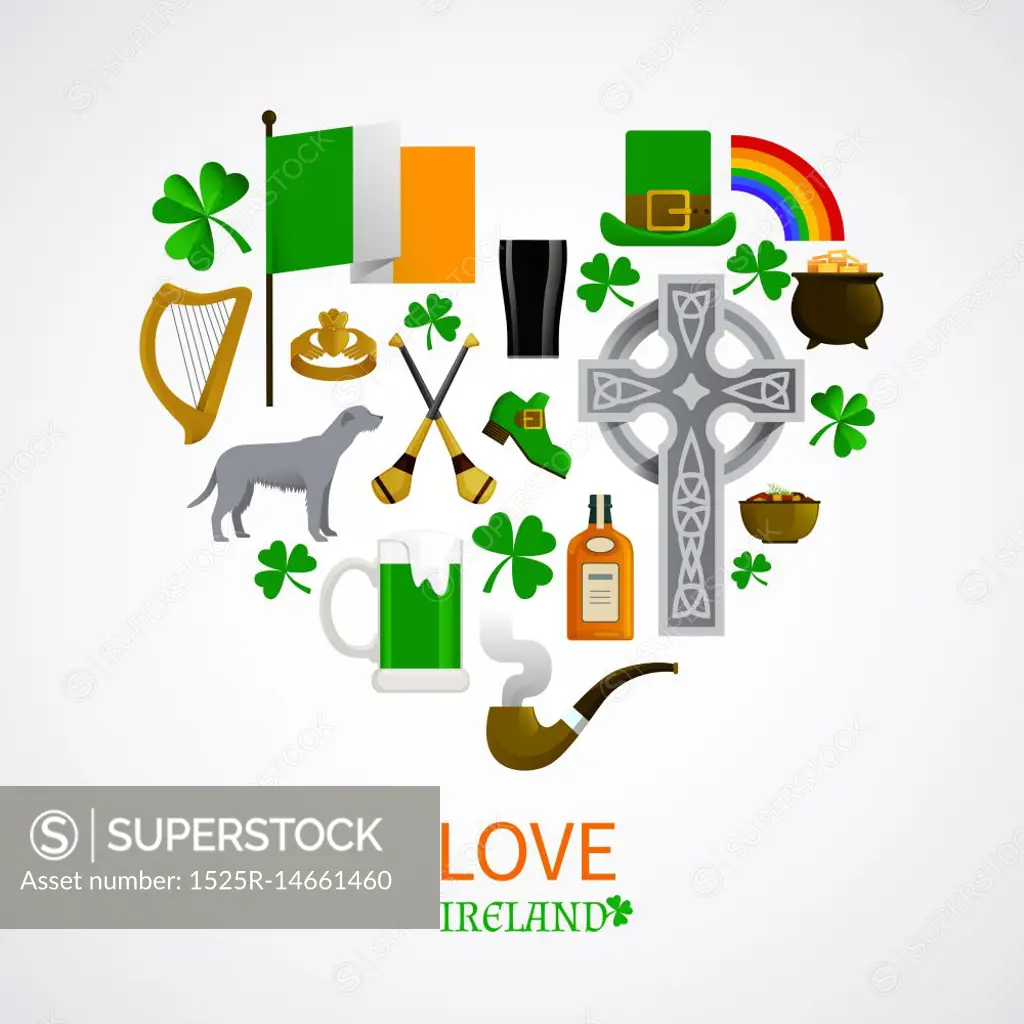 Ireland National Traditions Icons Composition. Ireland national traditions icons composition with shamrock leprechaun whisky harp irish terrier vector illustration 