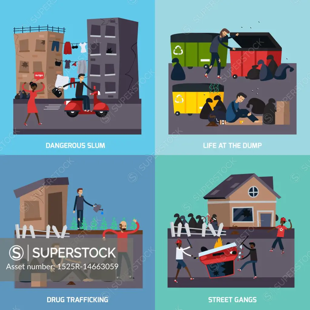 Ghetto Slum Icon Set. Four square flat ghetto slum icon set with dangerous slum street gangs drug trafficking descriptions vector illustration