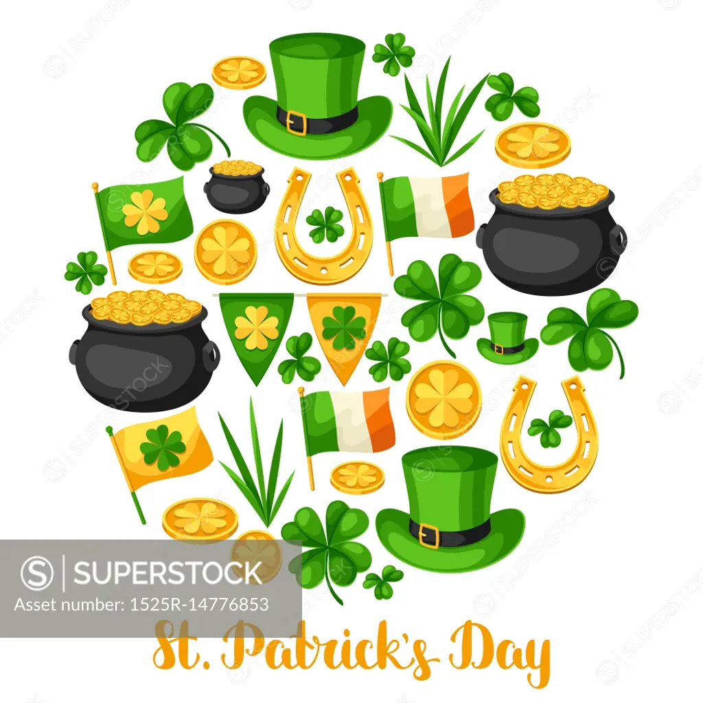 Saint Patricks Day greeting card. Flag Ireland, pot of gold coins, shamrocks, green hat and horseshoe.