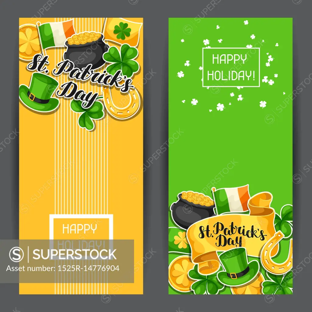 Saint Patricks Day banners. Flag Ireland, pot of gold coins, shamrocks, green hat and horseshoe.