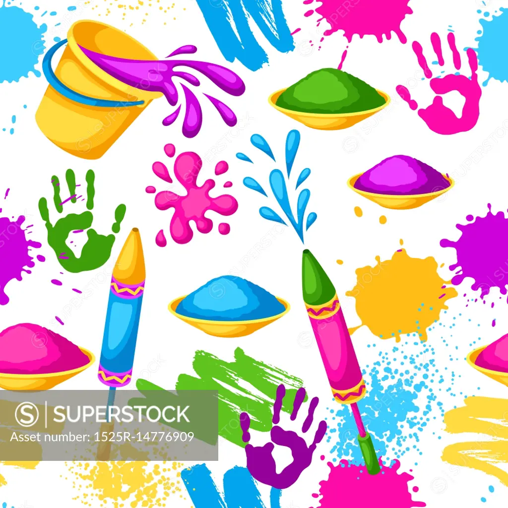 Happy Holi colorful seamless pattern. Illustration of buckets with paint, water guns, flags, blots and stains.