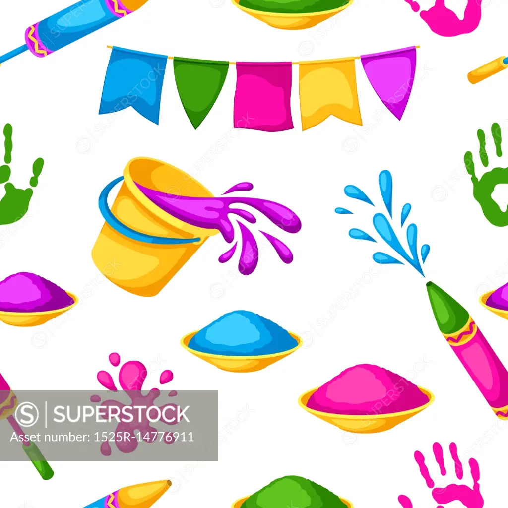 Happy Holi colorful seamless pattern. Illustration of buckets with paint, water guns, flags, blots and stains.