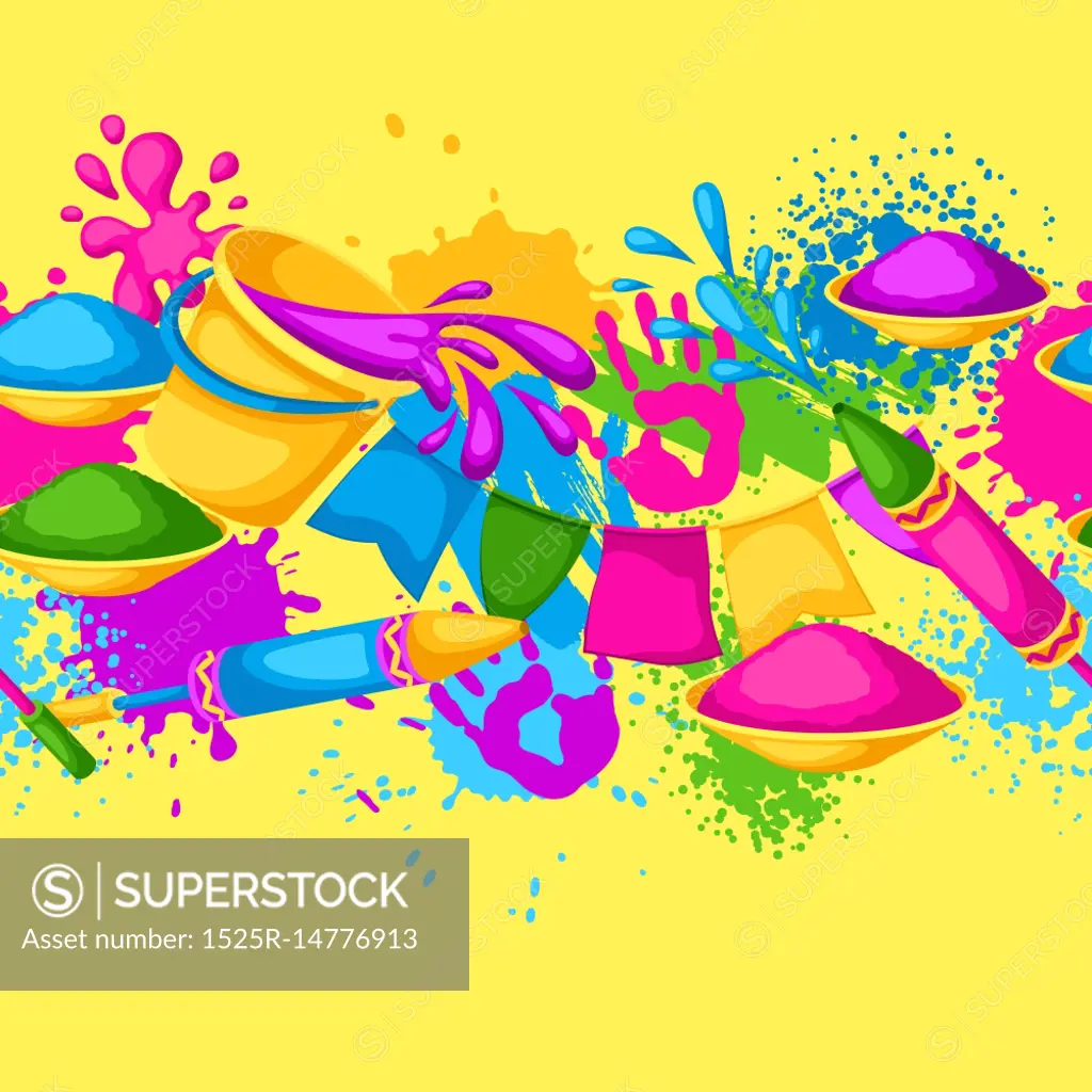 Happy Holi colorful seamless border. Illustration of buckets with paint, water guns, flags, blots and stains.