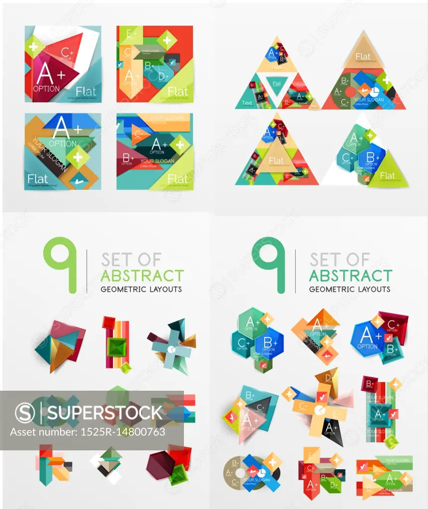 Modern geometric design temlates for universal diagrams, presentation banners, number options and workflow layouts. Vector illustration