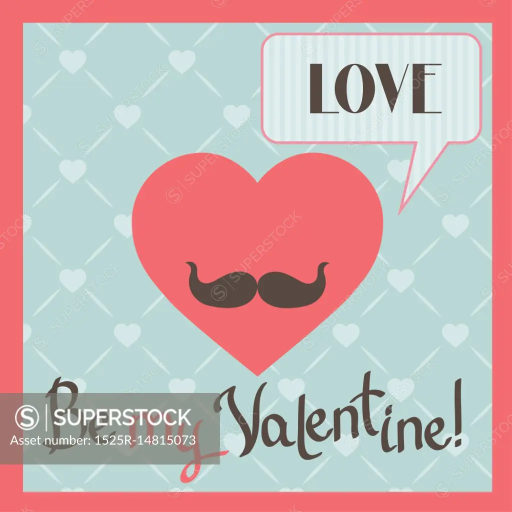 Vintage Valentines Day greeting card with heart and mustache.