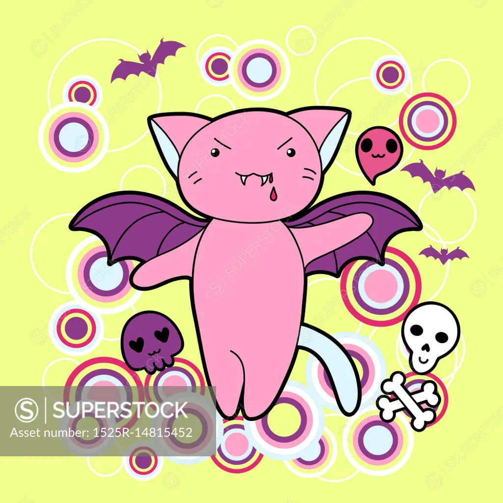 Vector kawaii illustration Halloween cat and creatures.. Vector kawaii illustration Halloween cat and creatures