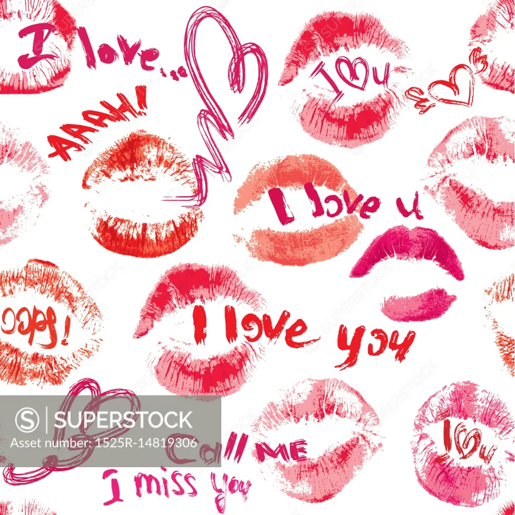 Seamless pattern with brush strokes and scribbles in heart shapes, lips prints and words LOVE, I LOVE YOU - Valentines Day Background.