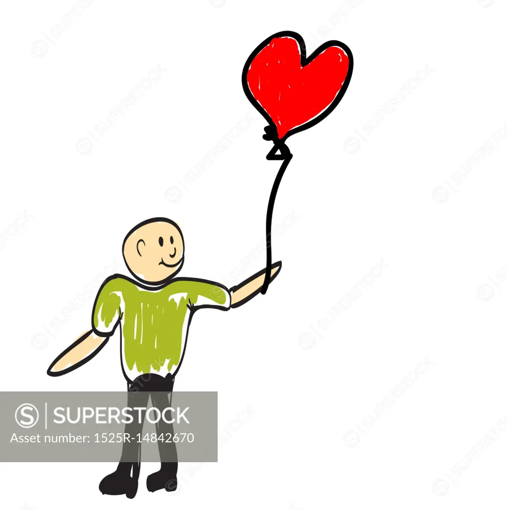 Man holding a balloon in the form of heart. Illustration.